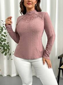 SHEIN Privé تي شيرت كاجوال مريح مقاس كبير من الدانتيل مرقع بنمط جاكارد مفرغ