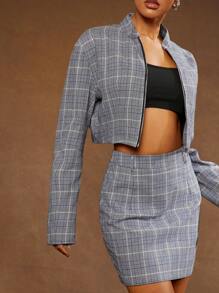 Hauture Women Clothes, Sophisticated Elegant Light Grey Plaid Power Shoulder Jacket And Bodycon Mini Skirt Set, Women Two Pieces Sets, Women Skirts, Women Tops, Skirt Set, Women Jackets, Office Women Outfits, Business Casual Women, Business Women Clothes, Daily Wear - Multicolor - View 5