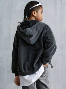 Denimly Tween Boys' West Wild Preppy Outdoorsy Style Dark Grey Hoodie Jacket, Patchwork Ribbed Zip Up Front Pockets