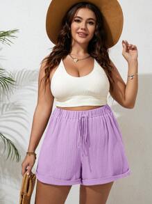 SHEIN VCAY Plus Size Solid Color Casual Shorts, Simple & Fashionable For Daily Wear - Mauve Purple - View 3