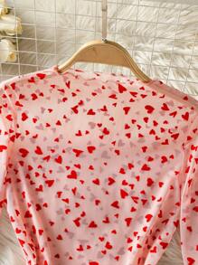 SHEIN Clasi 透明心形植绒网眼女士长袖衬衫，情人节 - 粉色 - 查看 3