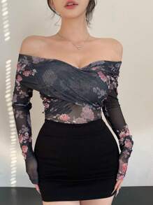 DAZY 女士花卉印花露肩修身时尚长袖 T 恤，秋季女装 - 黑色 - 查看 8