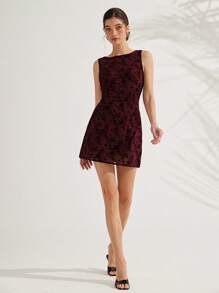 Femmeiva Vintage French Style Off Shoulder Sleeveless Elegant Waist Wrap Sexy Backless Mini Dress For Women For Valentine's Day - Burgundy - View 6