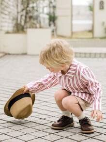 Souflis Souflis 2 件套年轻男孩休闲服装套装，带条纹翻领长袖衬衫开衫和松紧腰短裤，运动和户外多功能 - 彩色 - 查看 4