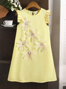 SHEIN 1 pieza Vestido de moda lindo con volantes en estilo floral 3D de color amarillo para niñas preadolescentes, primavera/verano - Albaricoque - Ver 6