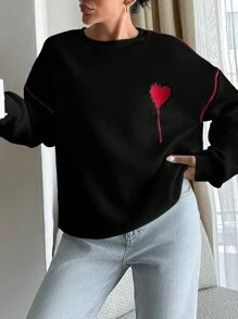 RueChic Cotton Red Heard Embroidered White Sweatshirt With Red Piping At Sleeves - Black - View 6