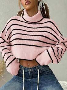 Muchica 女式休闲高领条纹落肩长袖毛衣，秋冬 - 粉色 - 查看 7