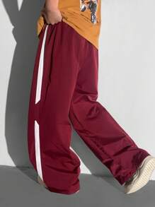 PantsHub Kids/Tween Boys' Casual Sports Versatile Colorblock Ribbon Loose Straight Leg Woven Pants, Suitable For School, Garden, Beach, Birthday, Spring, Summer, Autumn, Winter - Burgundy - View 2