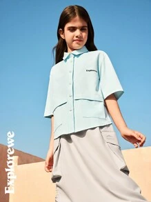 SHEIN Tween 女童简约时尚休闲日常纯色短袖衬衫 - 藍色 - 查看 5