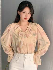 DAZY Blusa con estampado floral, mangas acampanadas y lazo cruzado delantero, Blusa con volantes y mangas largas