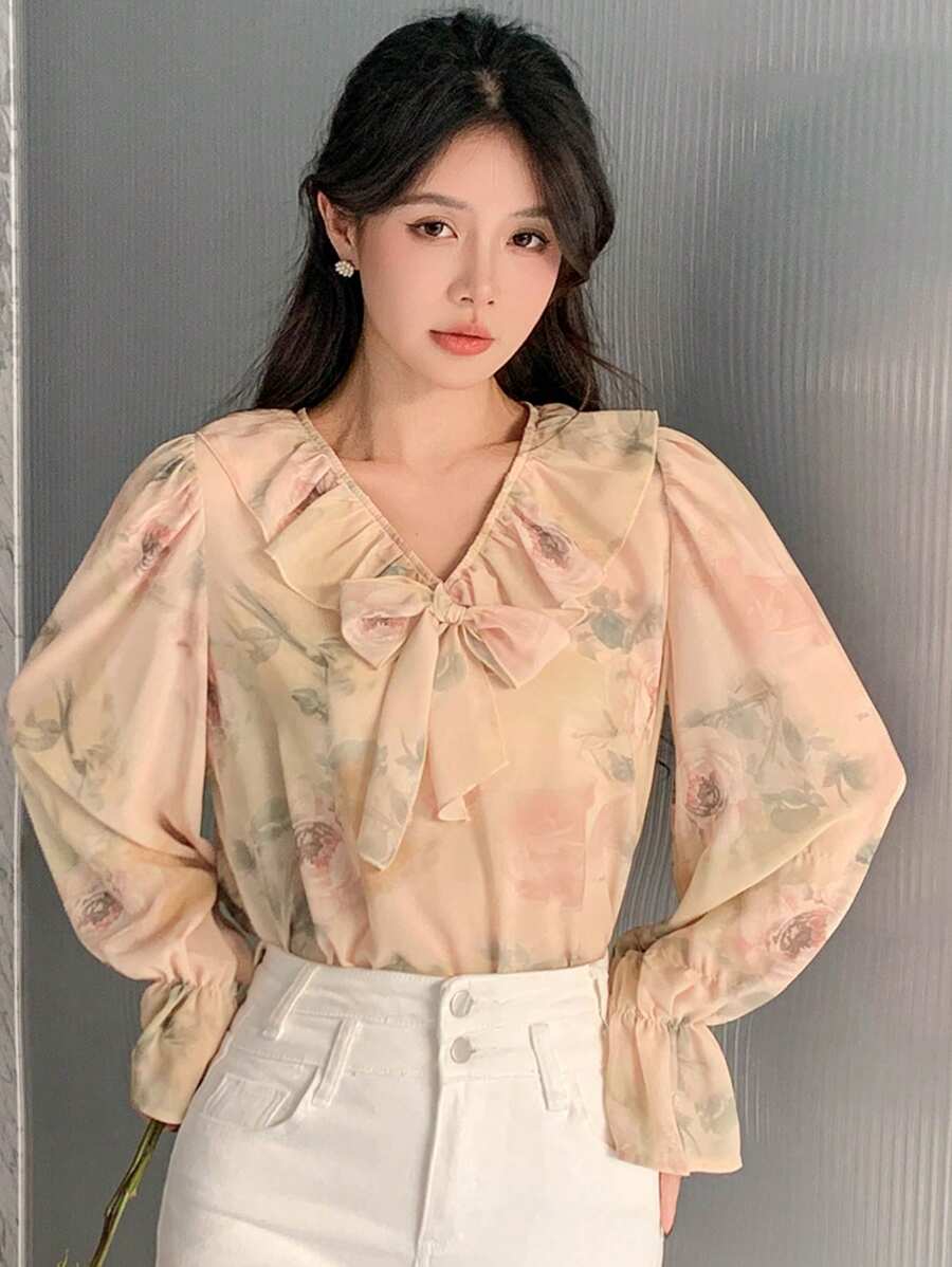 DAZY 女式花卉印花十字交叉系带喇叭袖衬衫，荷叶边长袖上衣 - 彩色 - 查看 1