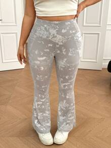 SHEIN EZwear Plus Size Metallic Foil Print Slimming Flare Pants With Pockets, Spring/Summer