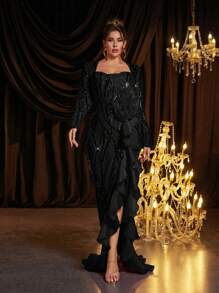 Glamrae Plus Size Sequin Patchwork Organza Multi-Layer Exaggerated Ruffle High Waist Elegant Evening Dress, Wedding Guest Dress, Party Dress, Formal Dress,Gown