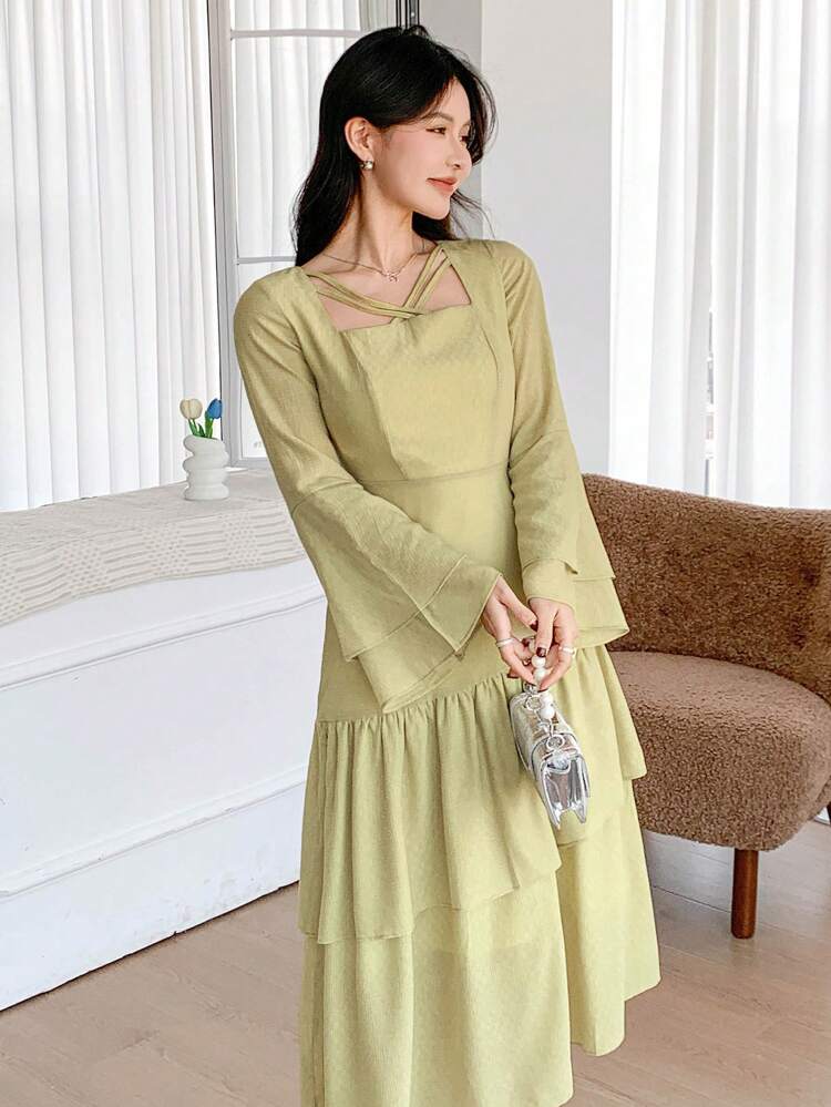 Women Ruffled Midi Dress, Spring/Fall Long Sleeve Dress Easter