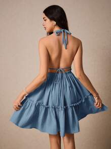 Poéselle Vrouwen Zomer Effen Kleur Eenvoudige Dagelijkse Jurk Borst Smokwerk Dubbele Schouderbandjes Rugloze Zomerjurk Ruffle Jurk Halterjurk Boho Vrouwen Kleding Strandjurken Sexy Jurken Pastel Jurk Curve Jurk