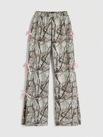 Y2K Style Women Loose Camo Branch Bowknot Waist Sweatpants,Summer , Summer Outfits ,Summer Clothes