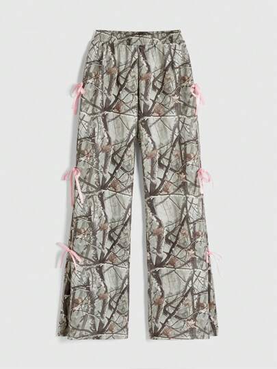 Y2K Style Women Loose Camo Branch Bowknot Waist Sweatpants,Summer , Summer Outfits ,Summer Clothes