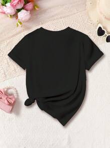 SHEIN Camiseta de manga corta, cuello redondo, minimalista y negra con estampado de gato corazón de dibujos animados "Sólo una chica que ama a los gatos" para niñas adolescentes, apta para primavera/verano