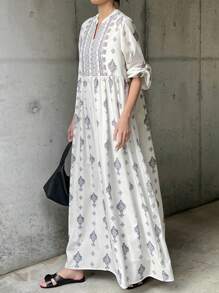 FRIFUL 女士白色长款宽松波西米亚风印花连衣裙度假装 - 白色 - 查看 1