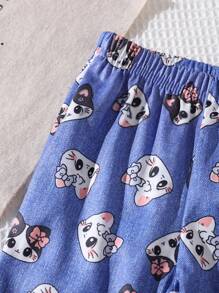 Baby Girls Casual And Loose Versatile Elastic Waist Cute Cat Graphic Blue Denim Effect Flared Pants, Suitable For Spring, Fall,Winter - Blue - View 5