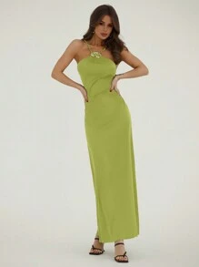 Aloruh Minimalist Elegant Asymmetrical Metal Buckle Decor Sleeveless Bodycon Midi Dress For Women