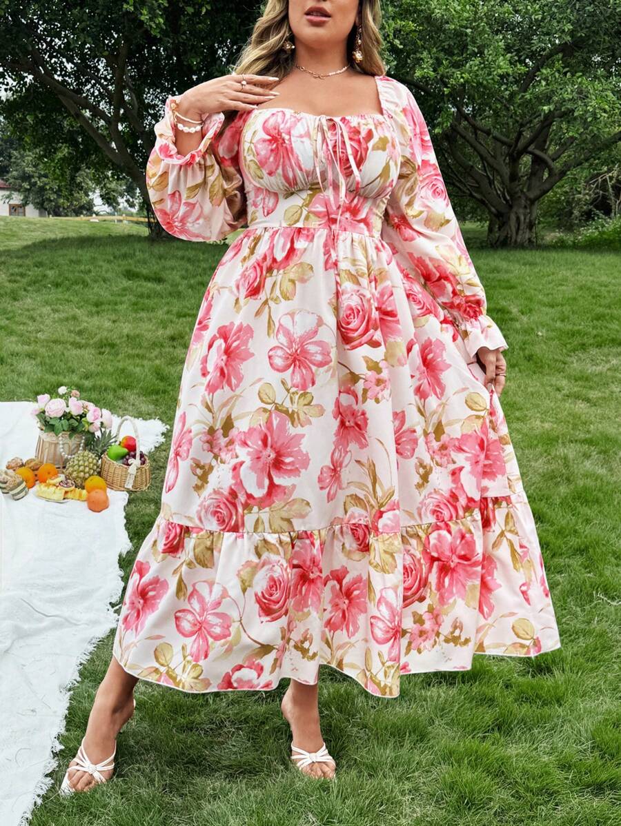 Flirla 甜美灯笼袖方领前束腰系带 A 字形荷叶边下摆花卉印花连衣裙，优雅