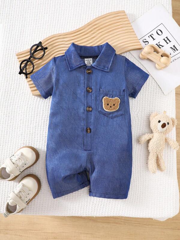 SHEIN Vintaside Kids Barboteuse pour bébé garçon avec col polo et manches courtes, avec broderie d'ours, style mignon, coupe ajustée, convient pour le jeu extérieur, le confort à la maison, gère facilement le quotidien et les fêtes d'enfants, printemps/été