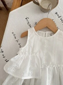 SHEIN LMoss Kids LMoss Baby Girl Plaid Print Long Pants And Embroidered Top 2pcs/Set, Cute Matching Outfit, Summer