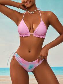 SHEIN Swim 女士荷叶边下摆露背上衣和渐变色印花下装比基尼套装，适合夏季海滩度假