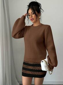 Elenzga Ensemble deux pièces pull col rond manches longues de couleur unie simple et mini-jupe pour femmes