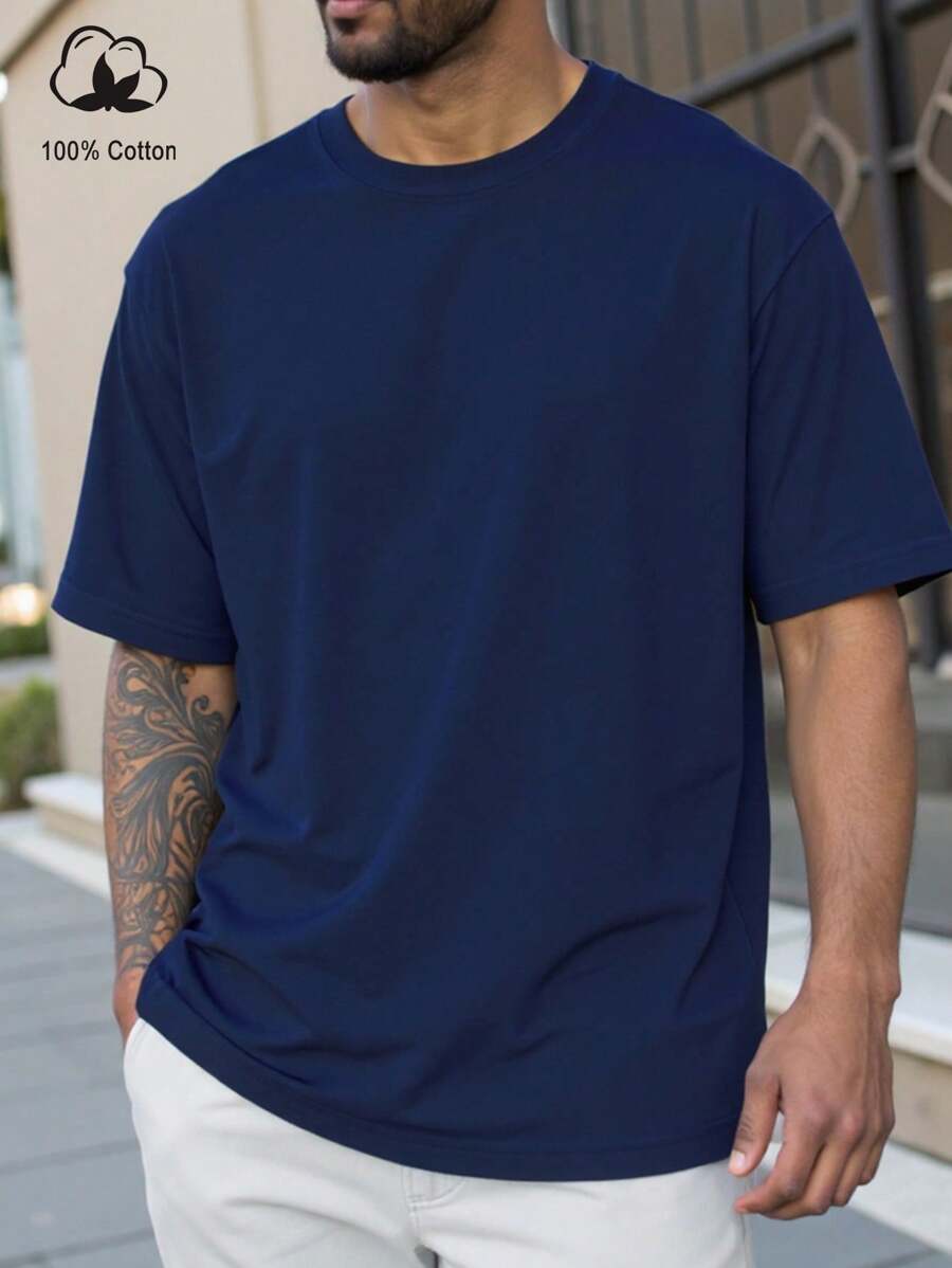 Manfinity Homme 大码男式纯色圆领短袖休闲 T 恤 - 寶藍色 - 查看 1