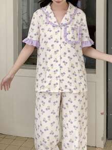 SHEIN Teen Girl Minimalist Tulip Flower Print Lapel Pocket Short Sleeve Ruffle Detail Casual Long Pants 2pcs Pajama Set Pj Sets For Teen Pjs Set Pj Sets For Teens Pj Set For Teen Pajama Sets - Purple - View 6
