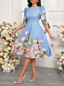 SHEIN Lady 蓝色印花修身女士连衣裙 女装 A 字型优雅女士连衣裙 - 白色 - 查看 7