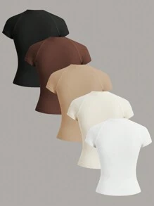 Easithlete 女士纯色圆领短袖简约休闲无缝运动T恤修身衬衫健身衫