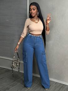 SHEIN Slayr 女式前扣口袋磨边下摆中腰直筒牛仔裤 - 淺色水洗藍 - 查看 4