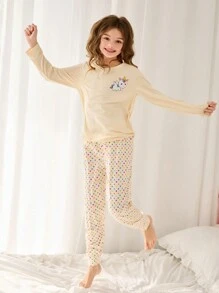 1 套青少年女孩圆领长袖印花休闲上衣和裤子睡衣