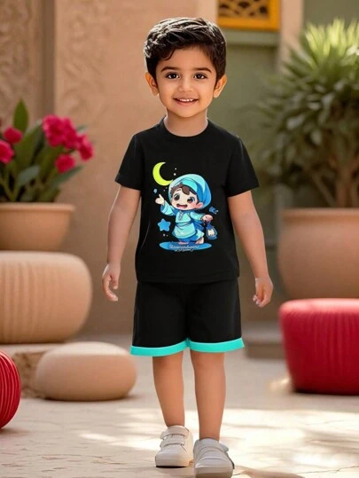 Boys' Ramadan Eid Mubarak Graphic Tee And Shorts Set, Black Moon & Star Pattern Round Neck Short Sleeve Tunic With Shorts, Comfortable Casual Traditional National Style 2pcs