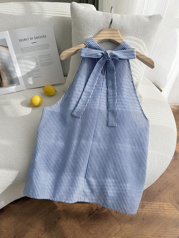 Comfortcana Plus Size Casual Sleeveless Blouse With Romantic Striped, Open Shoulder, Bowknot Back Details, Spring For Summer