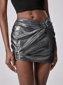 Chiquease Falda plisada minimalista con botón con carácter japonés, para uso casual diario