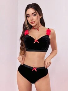 ROMWE Velvet Floral Bow Decor Wireless Lingerie Bra Set, Romantic For Valentine's Day - Black - View 1
