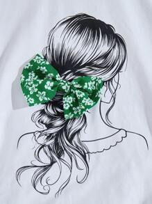 SHEIN 2pcs/Set Teen Girls Knitted Girl Print Floral Bow T-Shirt And Green Ditsy Floral Long Skirt, Suitable For Vacation, Leisure, Festival, Lunch, Music Festival, Street Wear