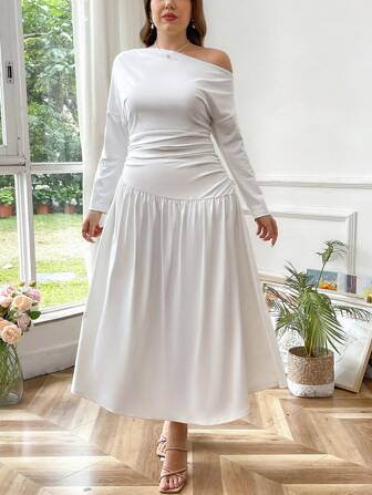 SHEIN Privé 大码女式优雅休闲宽松露肩收腰长袖连衣裙，弹性十足且百搭，适合约会/聚会、春季/秋季