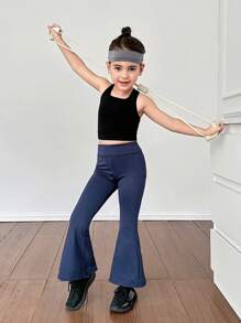 SHEIN Young Girl Solid Color Fitted Flare Leg Knit Sweatpants - Navy Blue - View 4