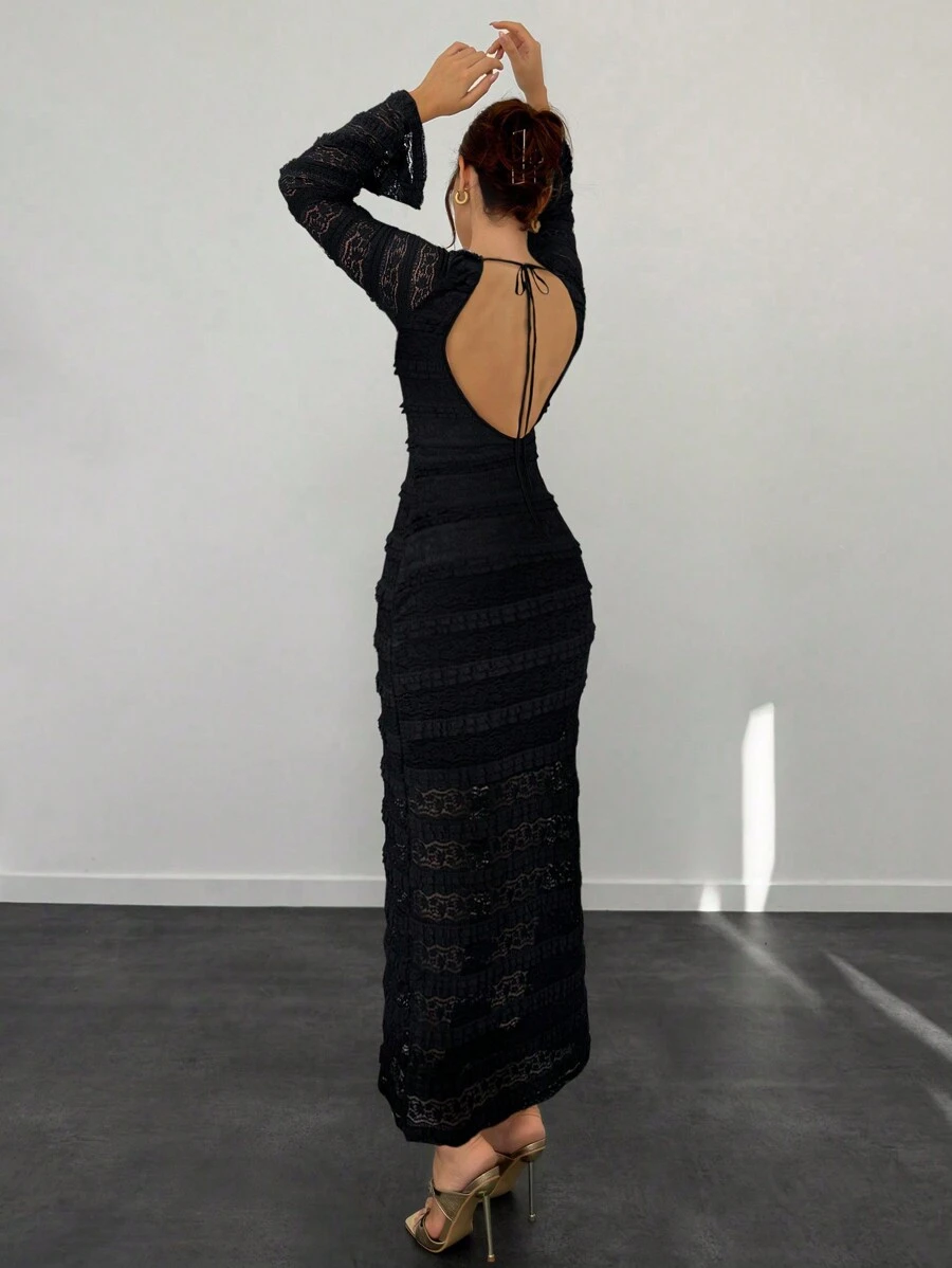 Aloruh Autumn/Winter New Arrival Women Elegant Lace Backless Strap Dress - Black - View 1