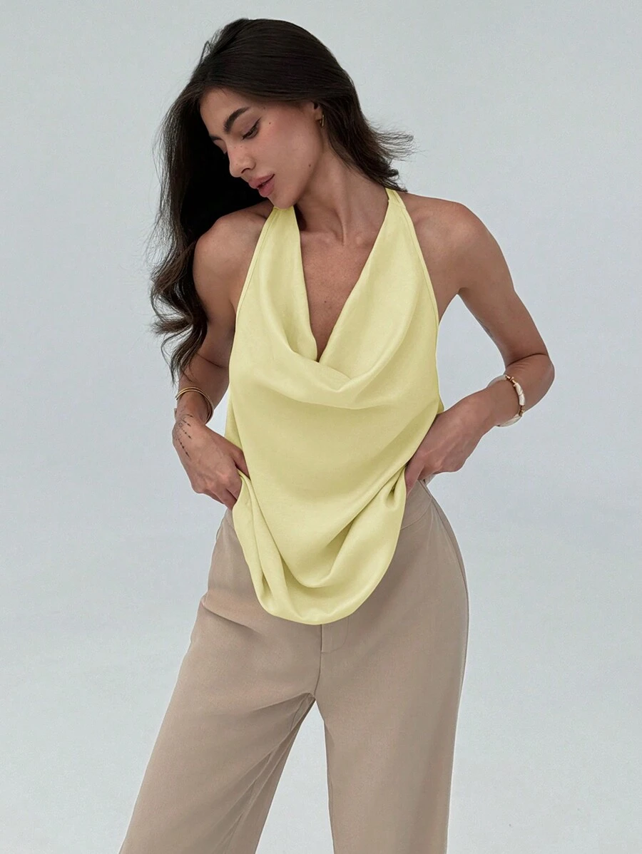 Aloruh Minimalist Halter Chic Draped Neck Fitted Color Block Women Tank Top