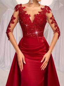 SHEIN Belle Gorgeous And Elegant Red Sequin Splicing Satin Mesh Appliques Long-Sleeved V-Neck High Waist Slim Fishtail Splicing Exaggerated Floating Pieces Wedding Guest Dress, Suitable For Dinner Bachelor Party Date Birthday Wedding Event Prom Homecoming Season Valentine's Day Evening Dress, Formal Dress,Gown