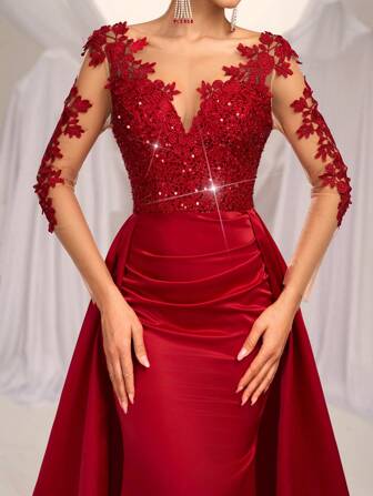 SHEIN Belle Gorgeous And Elegant Red Sequin Splicing Satin Mesh Appliques Long-Sleeved V-Neck High Waist Slim Fishtail Splicing Exaggerated Floating Pieces Wedding Guest Dress, Suitable For Dinner Bachelor Party Date Birthday Wedding Event Prom Homecoming Season Valentine's Day Evening Dress, Formal Dress,Gown