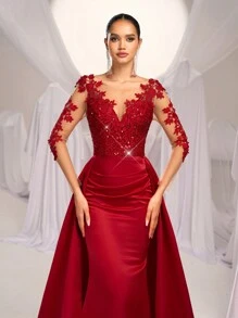 SHEIN Belle Gorgeous And Elegant Red Sequin Splicing Satin Mesh Appliques Long-Sleeved V-Neck High Waist Slim Fishtail Splicing Exaggerated Floating Pieces Wedding Guest Dress, Suitable For Dinner Bachelor Party Date Birthday Wedding Event Prom Homecoming Season Valentine's Day Evening Dress, Formal Dress,Gown