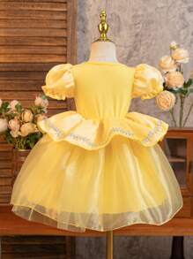 SHEIN Glamorique Kids Princess Dress, Birthday Party Wedding Holiday Ceremony Dress, Baby Girls Yellow Puff Sleeve Tulle Dress With Beading, Suitable For Stage Performance, Middle East & Europe Style, Formal Ball Gown, Satin Material With Silver Ribbons, All Season