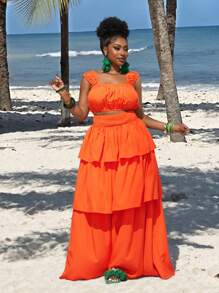 Slaydiva Nuevo conjunto de 2 piezas talla grande para 2025: Falda de volantes de color naranja liso y vestido largo con top de chaleco fruncido